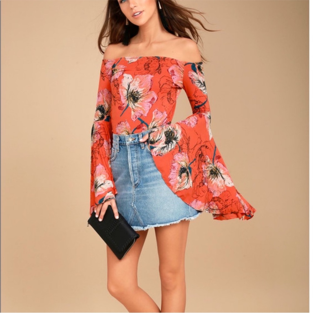 We The Free Orange Floral Off-Shoulder Bell Sleeve Top